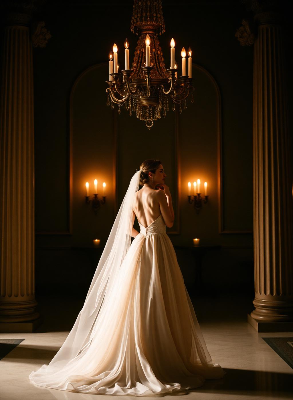 Novia en salón iluminado por velas